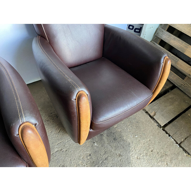 Pair of vintage "Club" armchairs in brown leather, 1970