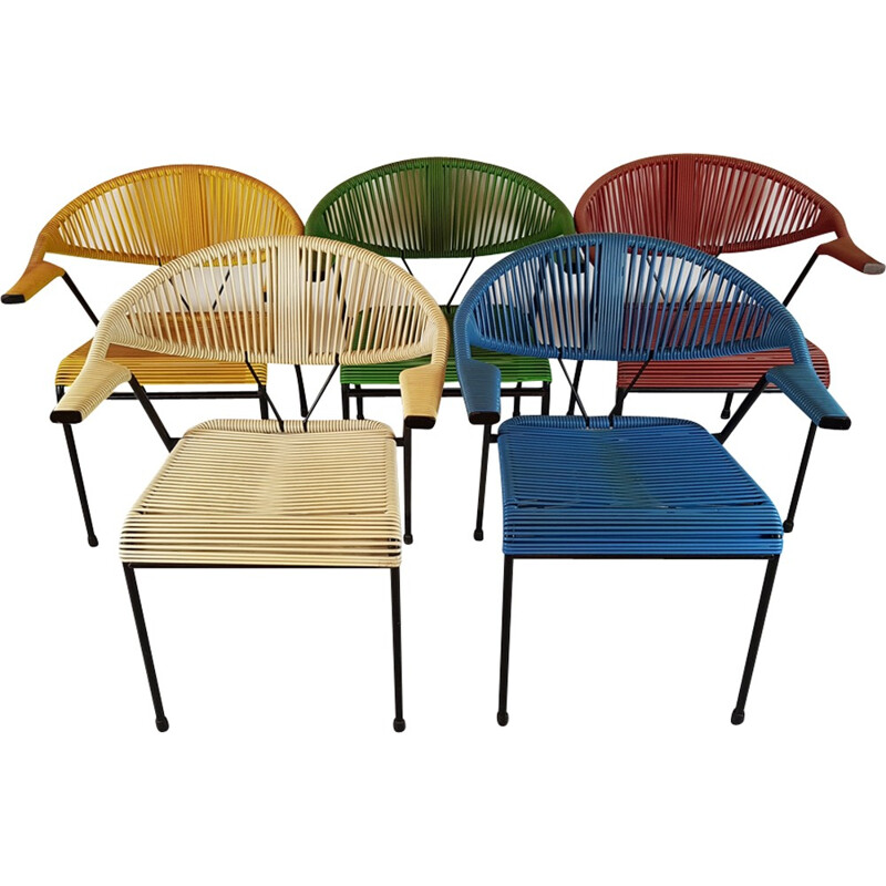 Set of 5 multicolored easy chairs in plastics and metal - 1960s