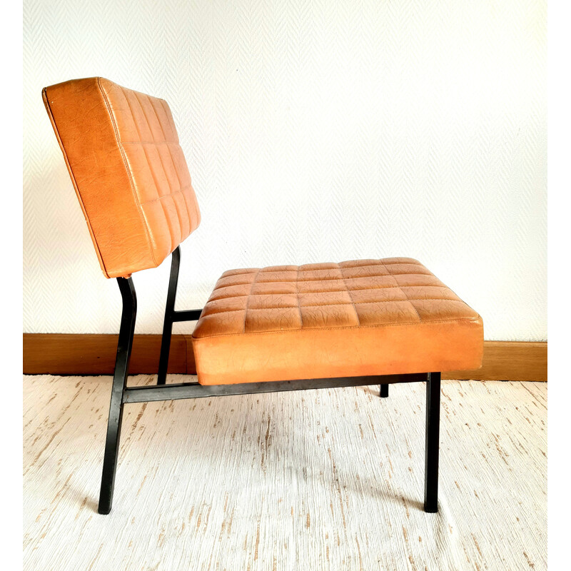 Pair of vintage armchairs in fawn leatherette and black lacquered metal, 1960