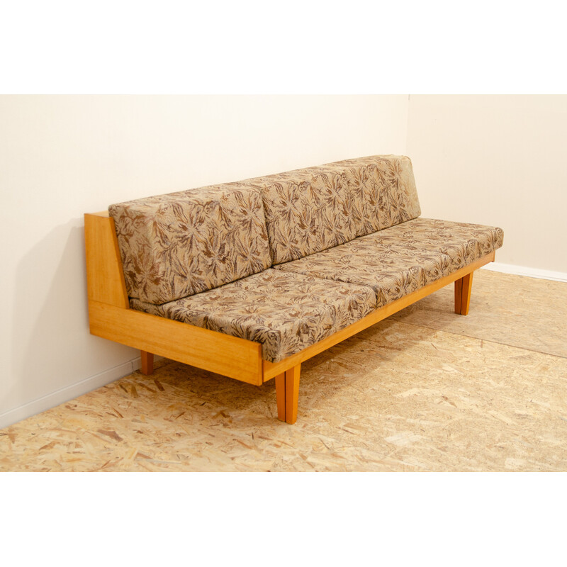 Vintage sofa bed in beech wood and fabric, Czechoslovakia 1960