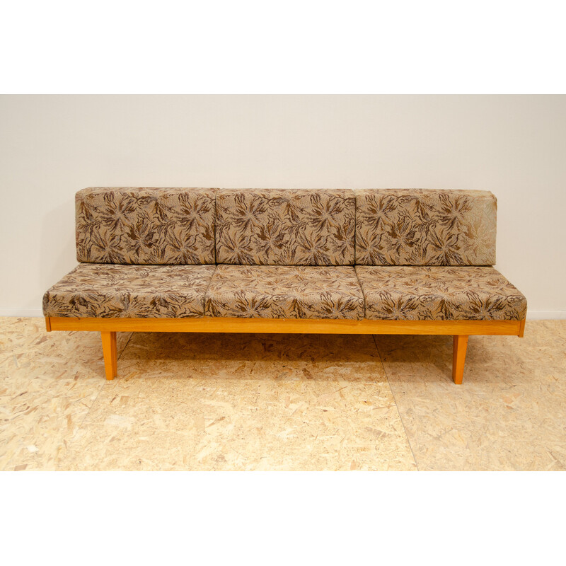 Vintage sofa bed in beech wood and fabric, Czechoslovakia 1960