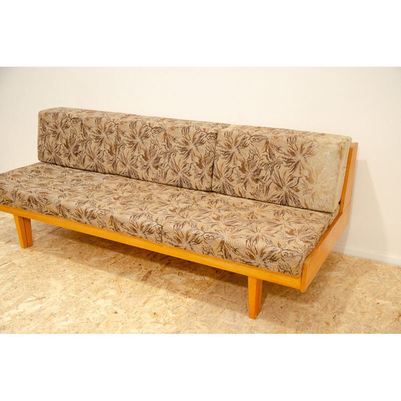 Vintage sofa bed in beech wood and fabric, Czechoslovakia 1960