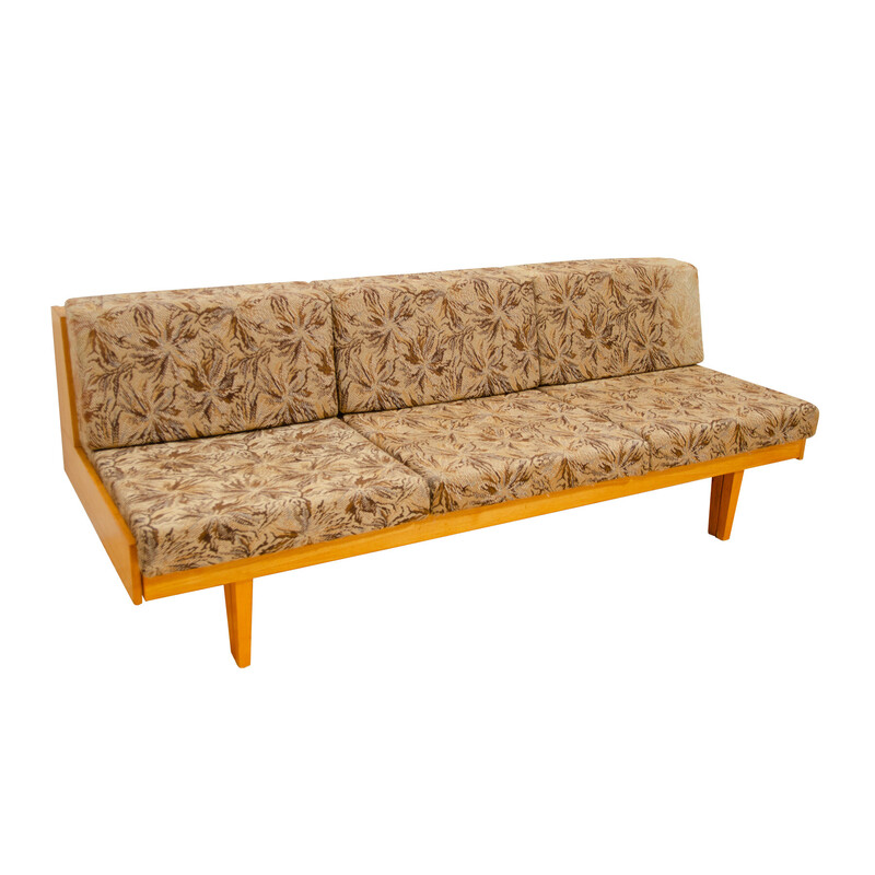 Vintage sofa bed in beech wood and fabric, Czechoslovakia 1960