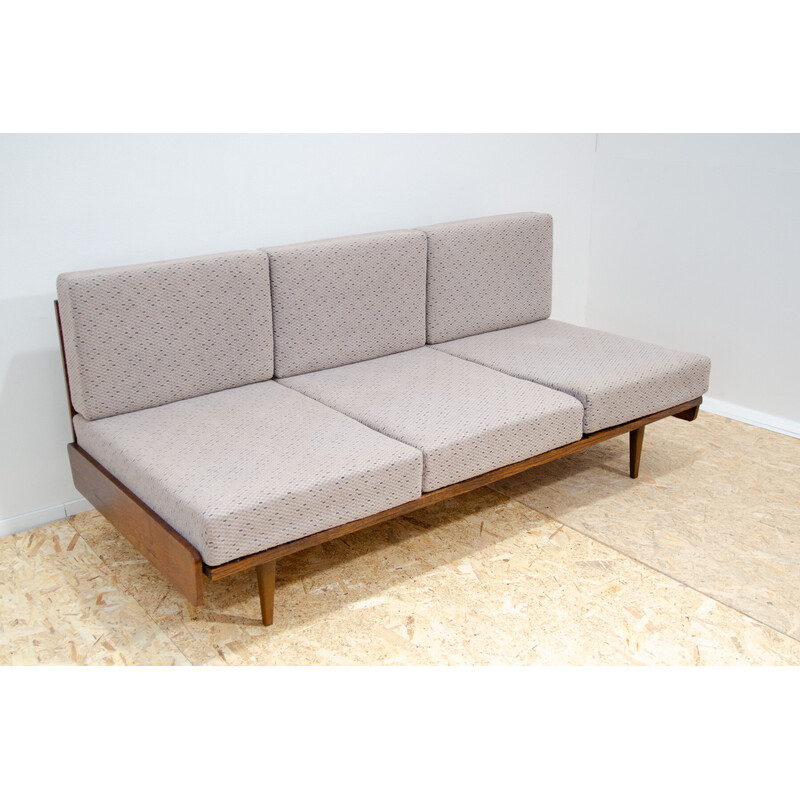 Vintage folding sofa bed in beech wood and fabric for Interiér Praha, Czechoslovakia 1960