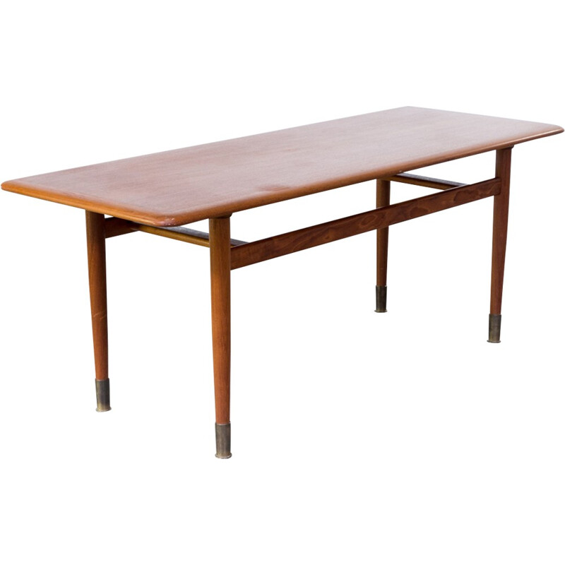 Table basse en teck avec piétement en laiton - 1960