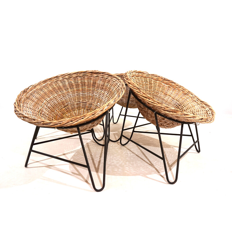 Set of 4 vintage pod chairs in rattan and metal, Germany 1960