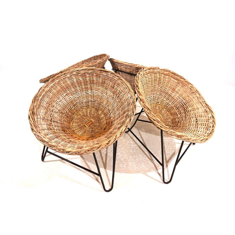 Set of 4 vintage pod chairs in rattan and metal, Germany 1960