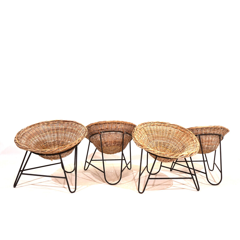 Set van 4 vintage pod stoelen van rotan en metaal, Duitsland 1960