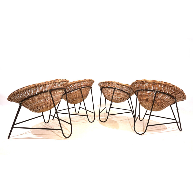 Lot de 4 chaises cosses vintage en rotin et métal, Allemagne 1960