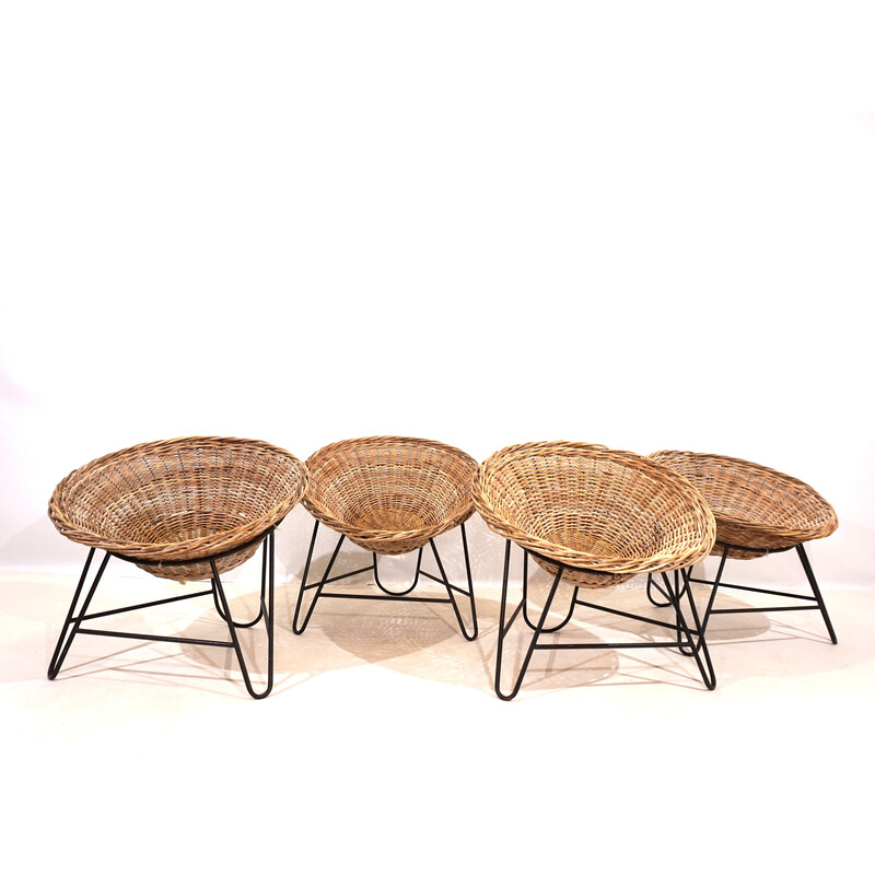 Set of 4 vintage pod chairs in rattan and metal, Germany 1960