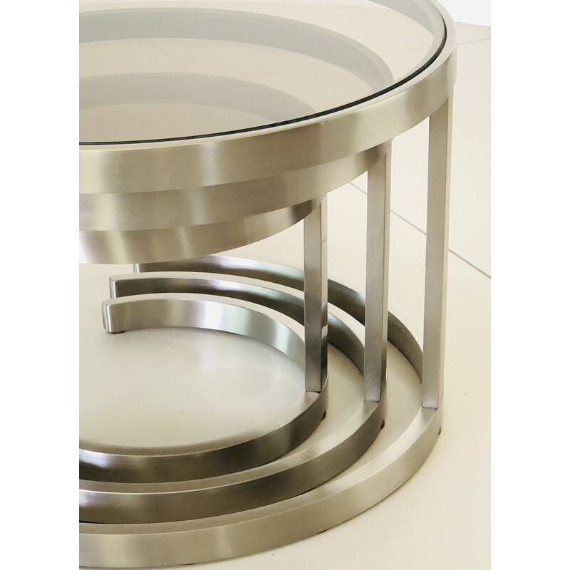 Vintage nesting tables in brushed steel and smoked glass, France 1970