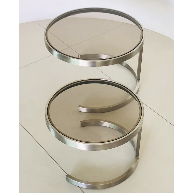 Vintage nesting tables in brushed steel and smoked glass, France 1970