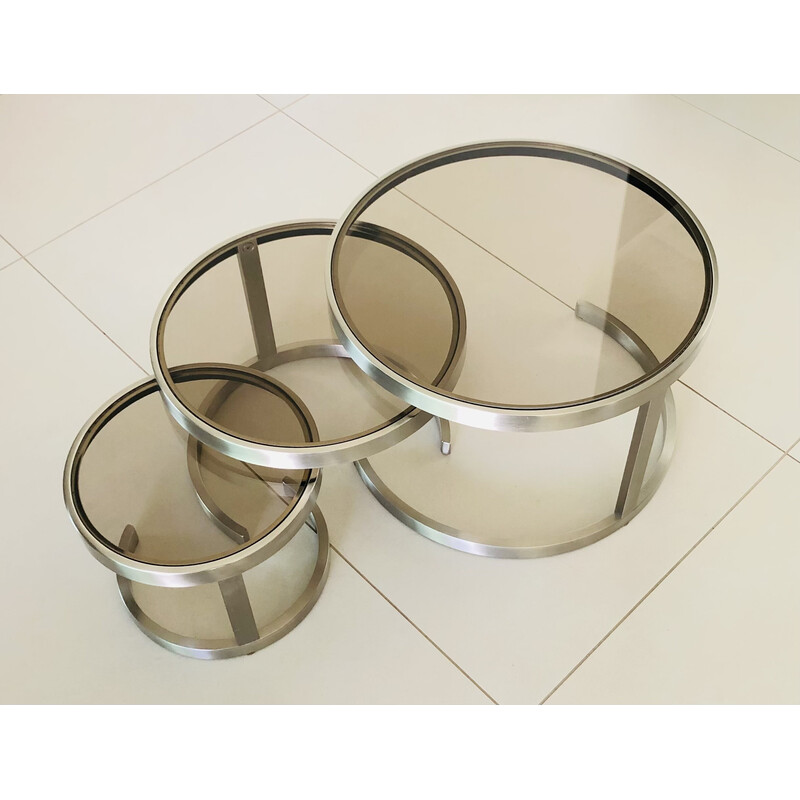 Vintage nesting tables in brushed steel and smoked glass, France 1970