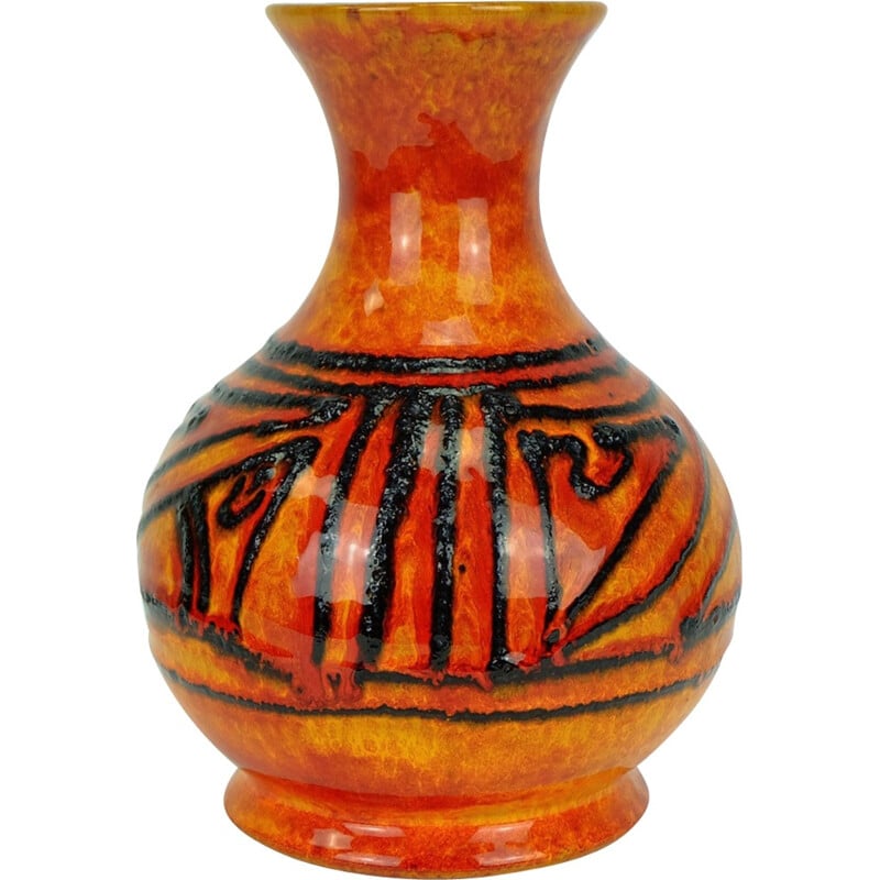 Vase allemand orange motif Fat Lava noire de Walter Gerhards  - 1960