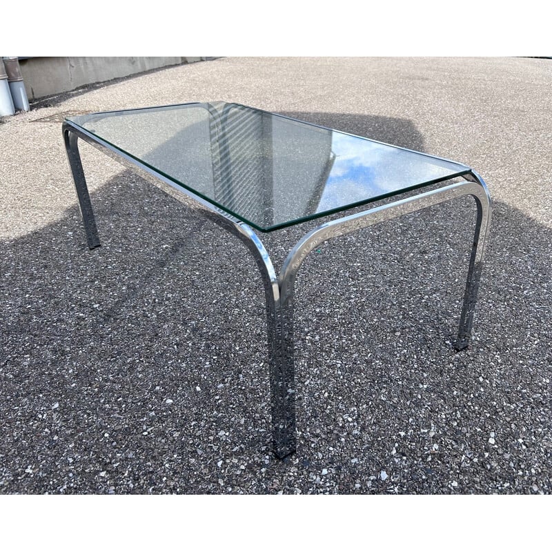Table basse vintage en acier chromé et verre, 1970