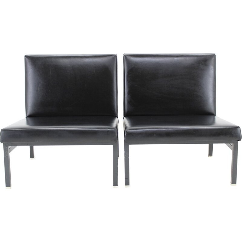 Pair of vintage armchairs in imitation leather and lacquered iron, Czechoslovakia 1970