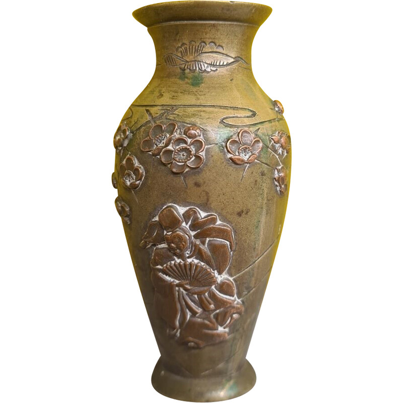 Vase vintage en bronze et incrusté de cuivre d'époque Meji, Japon