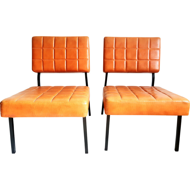 Pair of vintage armchairs in fawn leatherette and black lacquered metal, 1960