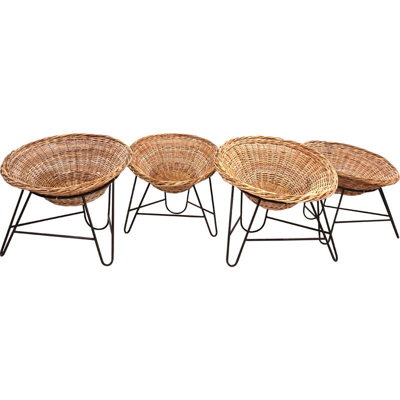 Set of 4 vintage pod chairs in rattan and metal, Germany 1960