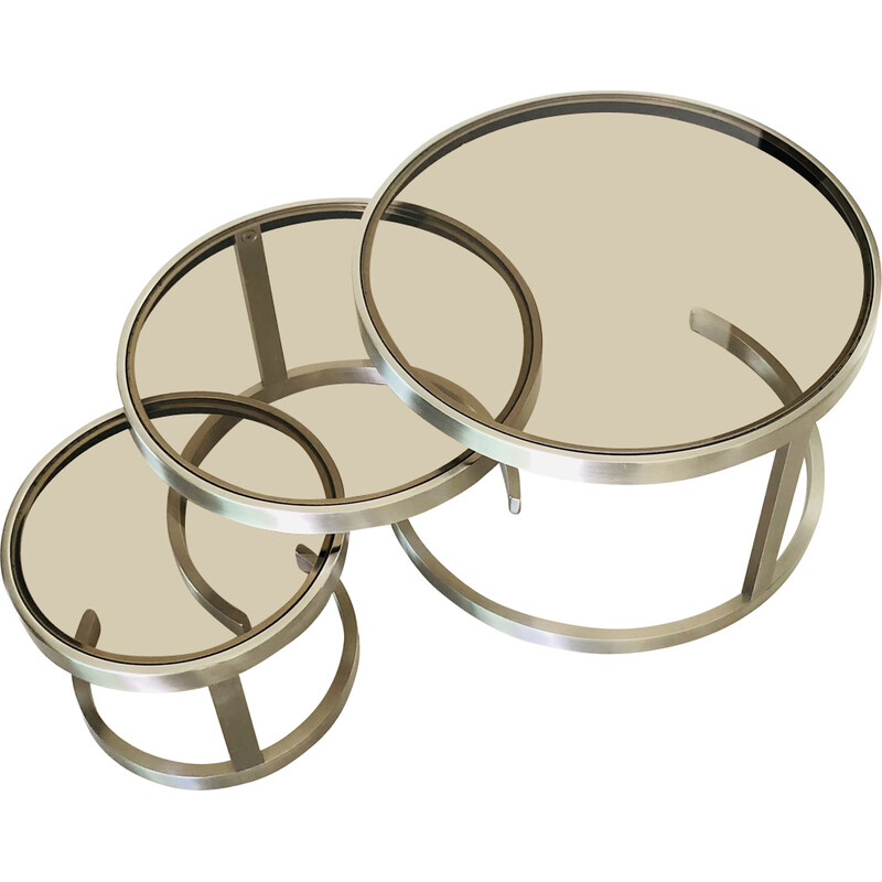 Vintage nesting tables in brushed steel and smoked glass, France 1970