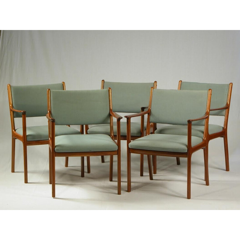 Set of 5 "PJ 412" armchairs in mahagony and blue fabric by Ole Wanscher - 1960s