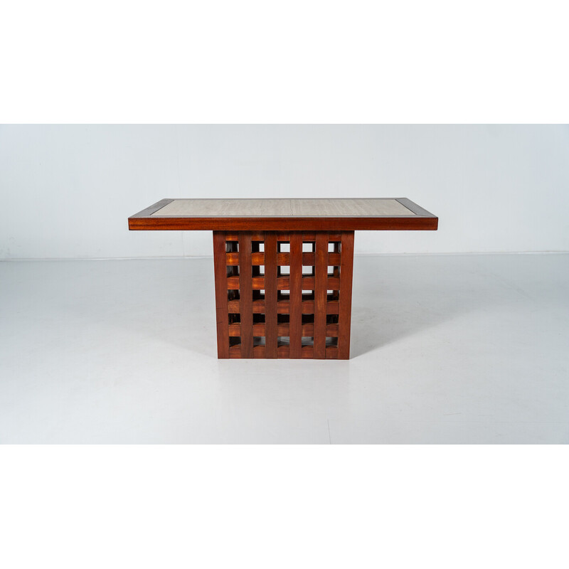 Table de repas vintage en bois et travertin, Italie 1970