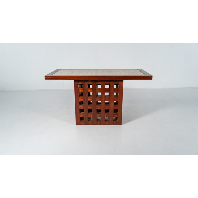 Vintage wooden and travertine dining table, Italy 1970