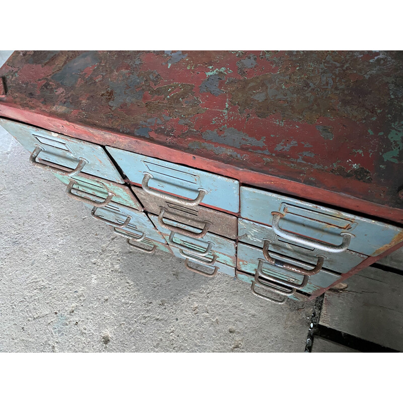 Vintage industrial metal craft cabinet with 15 drawers for Flambo, 1950
