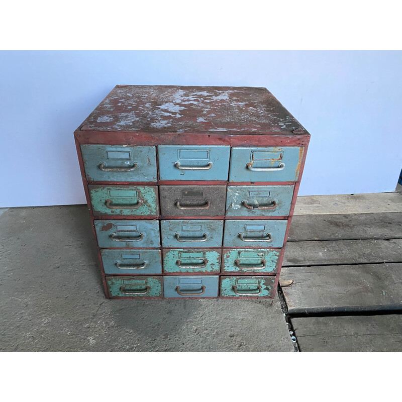 Vintage industrial metal craft cabinet with 15 drawers for Flambo, 1950