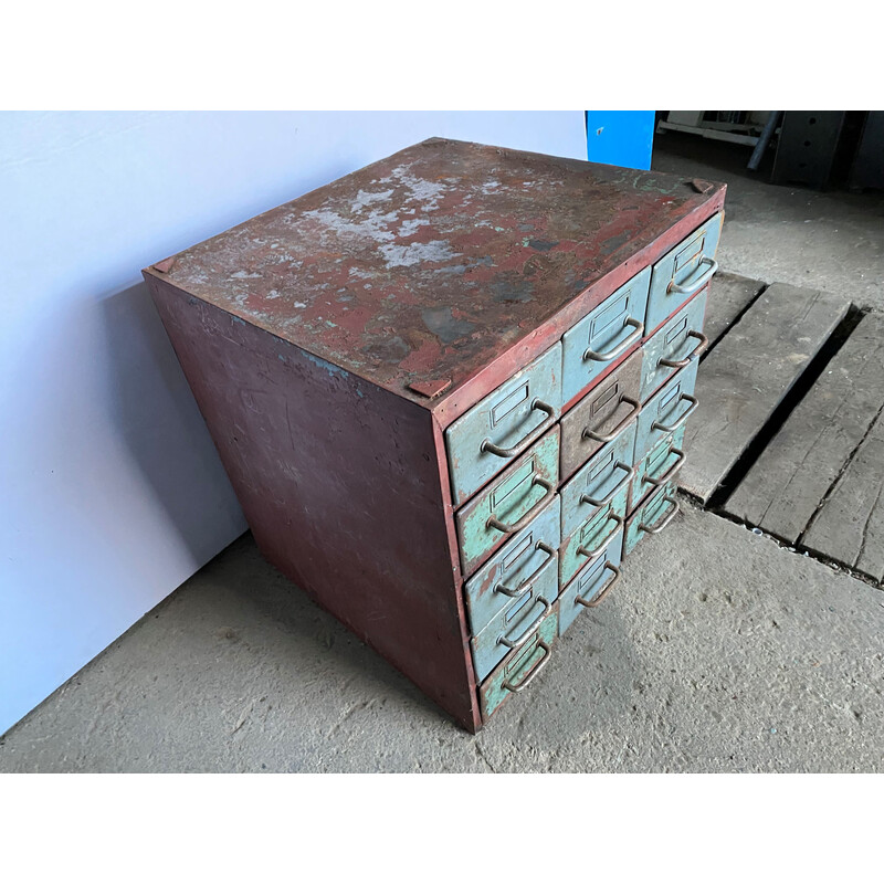 Vintage industrial metal craft cabinet with 15 drawers for Flambo, 1950