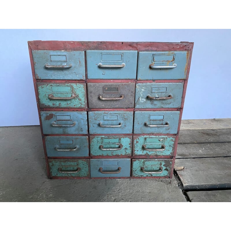 Armadio industriale vintage in metallo con 15 cassetti per Flambo, 1950
