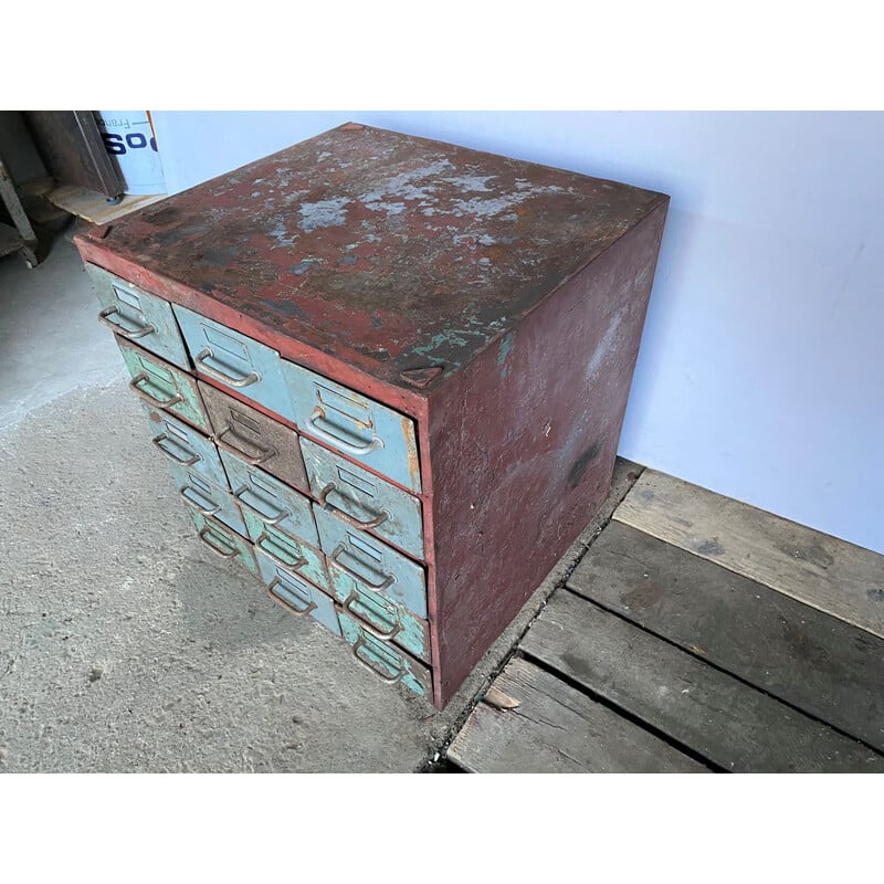 Vintage industrial metal craft cabinet with 15 drawers for Flambo, 1950