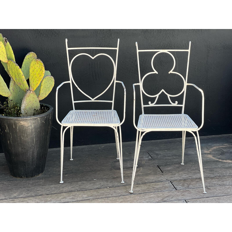 Pair of vintage perforated metal chairs and armchairs by Mathieu Matégot, 1950