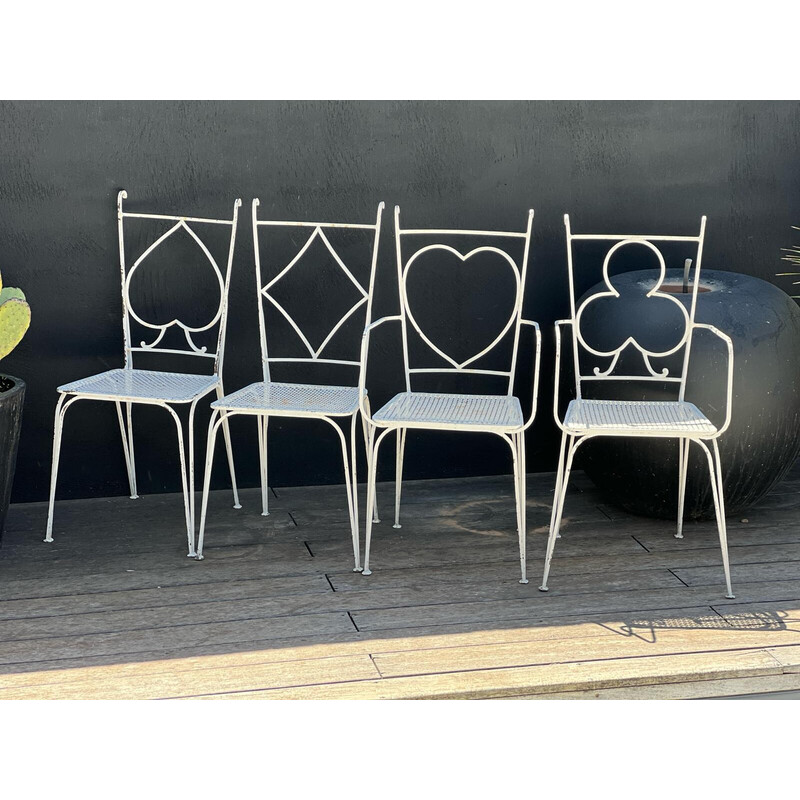 Pareja de sillas y sillones vintage en metal perforado de Mathieu Matégot, 1950