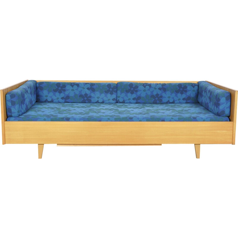 mid-century blue german daybed with floral fabric - 1960s