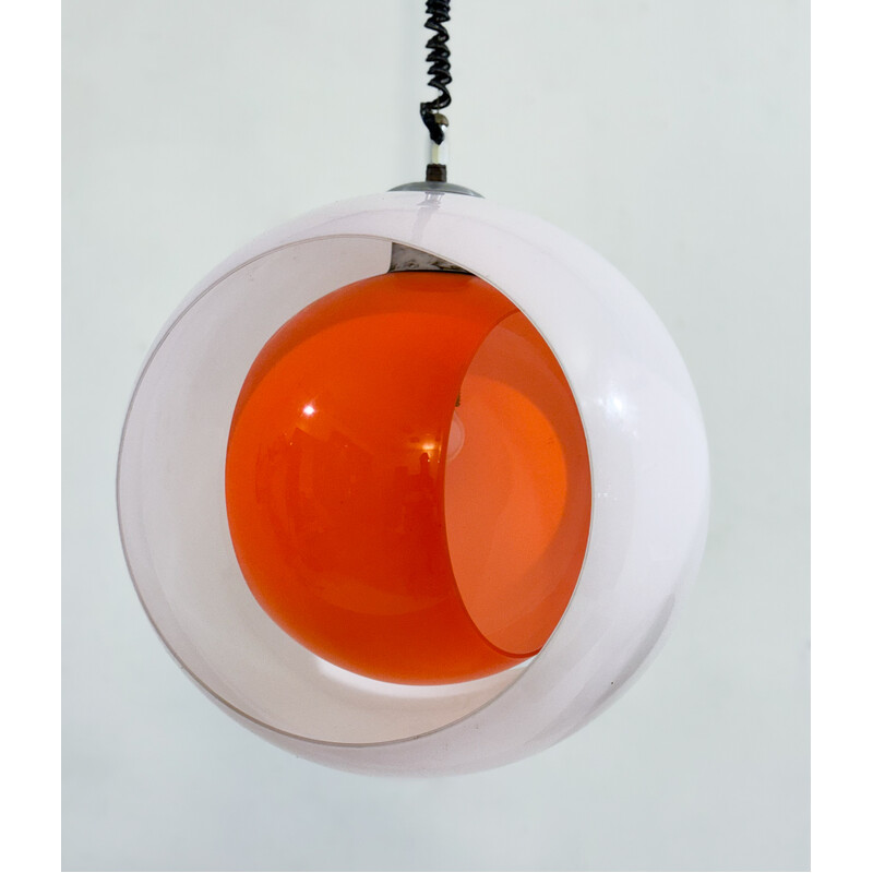 Suspension vintage "Eclisse"  en verre de Murano blanc et orange par Carlo Nason pour Mazzega, Italie 1960