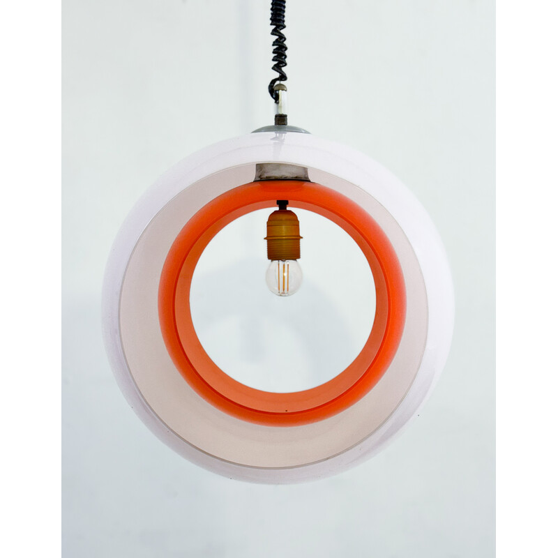 Vintage "Eclisse" pendant lamp in white and orange Murano glass by Carlo Nason for Mazzega, Italy 1960