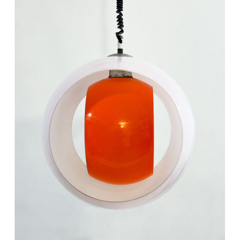 Lámpara colgante vintage "Eclisse" en cristal de Murano blanco y naranja por Carlo Nason para Mazzega, Italia 1960