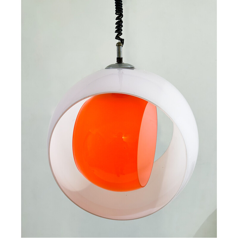 Vintage "Eclisse" pendant lamp in white and orange Murano glass by Carlo Nason for Mazzega, Italy 1960