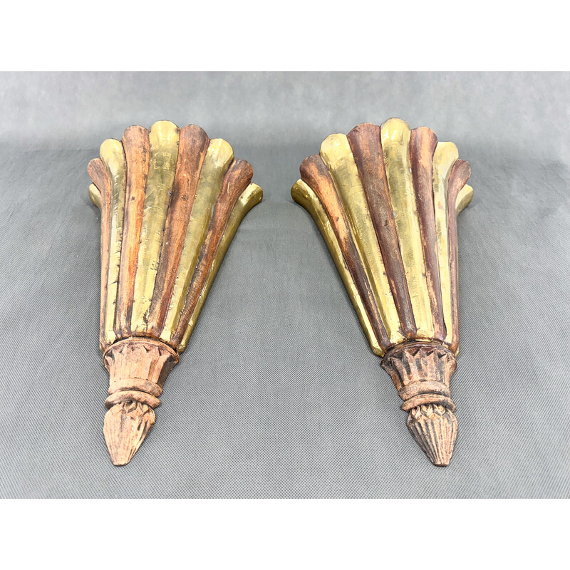 Pair of vintage Art Deco wall lights in wood and brass, France