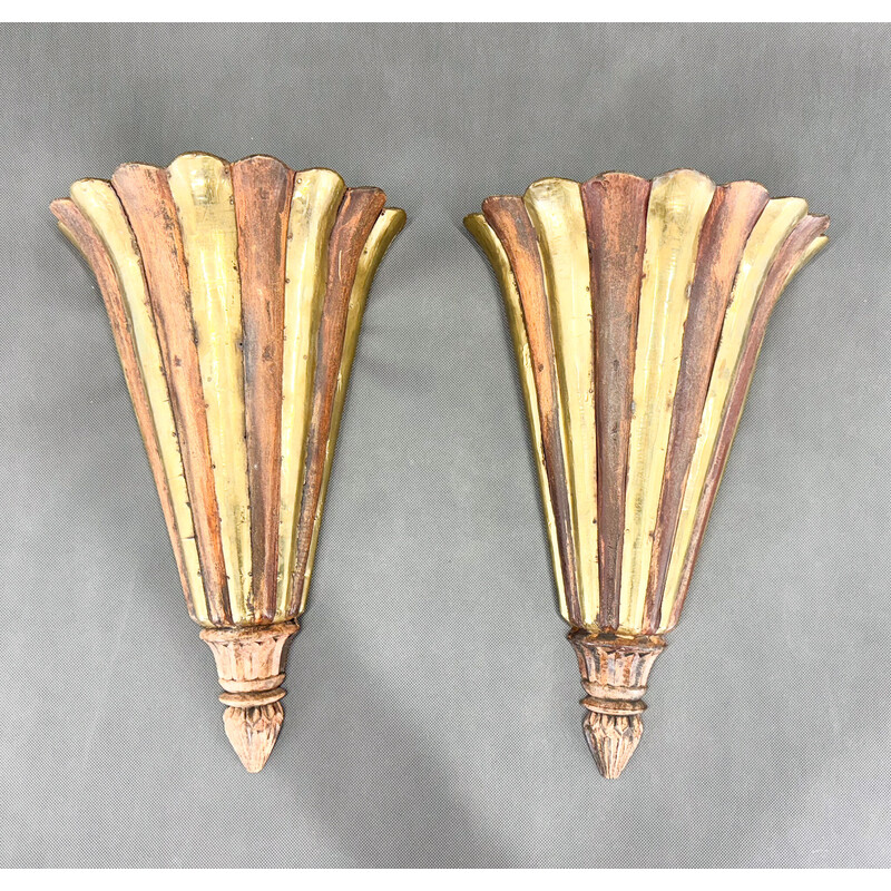 Pair of vintage Art Deco wall lights in wood and brass, France