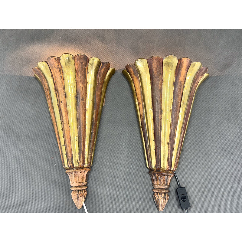 Pair of vintage Art Deco wall lights in wood and brass, France