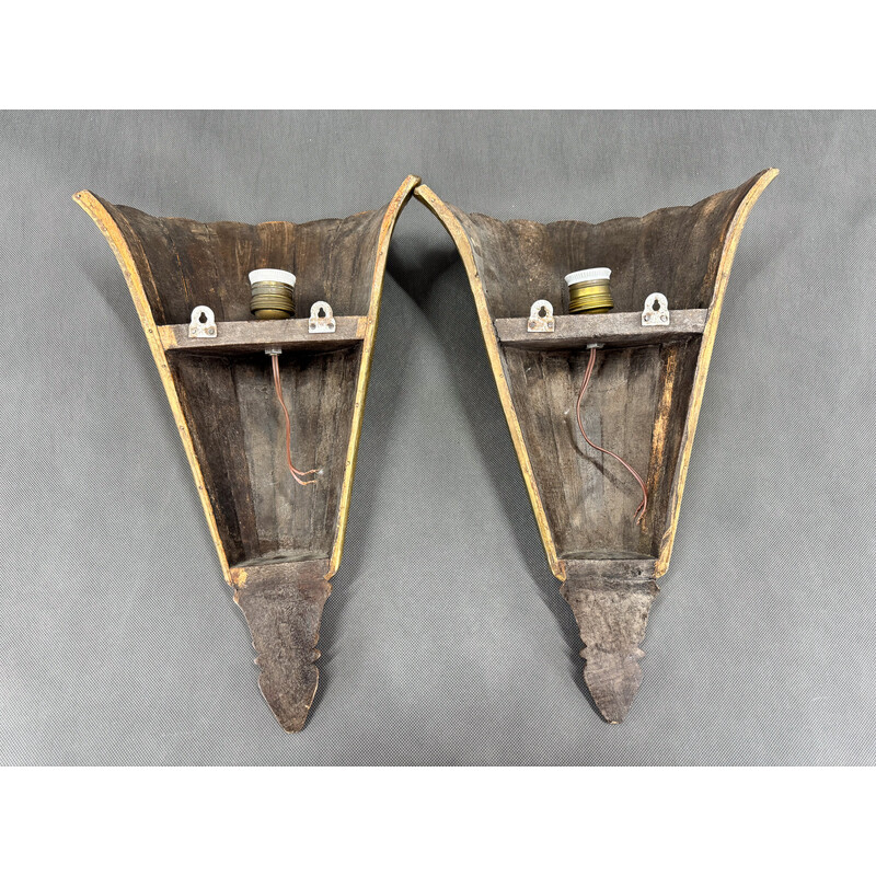 Pair of vintage Art Deco wall lights in wood and brass, France