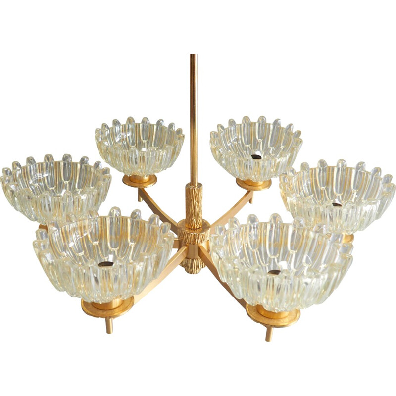 Mid-Century Six-Armed Gold-Plated Chandelier - 1950s