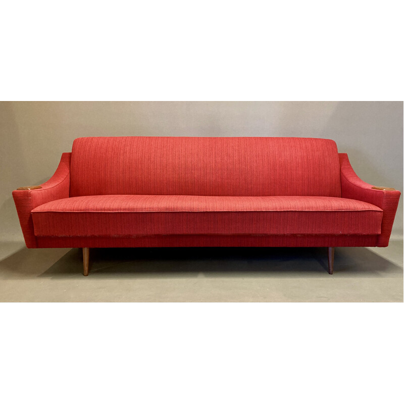 Vintage 3-Sitzer-Sofa aus Teakholz und Wolle, 1950