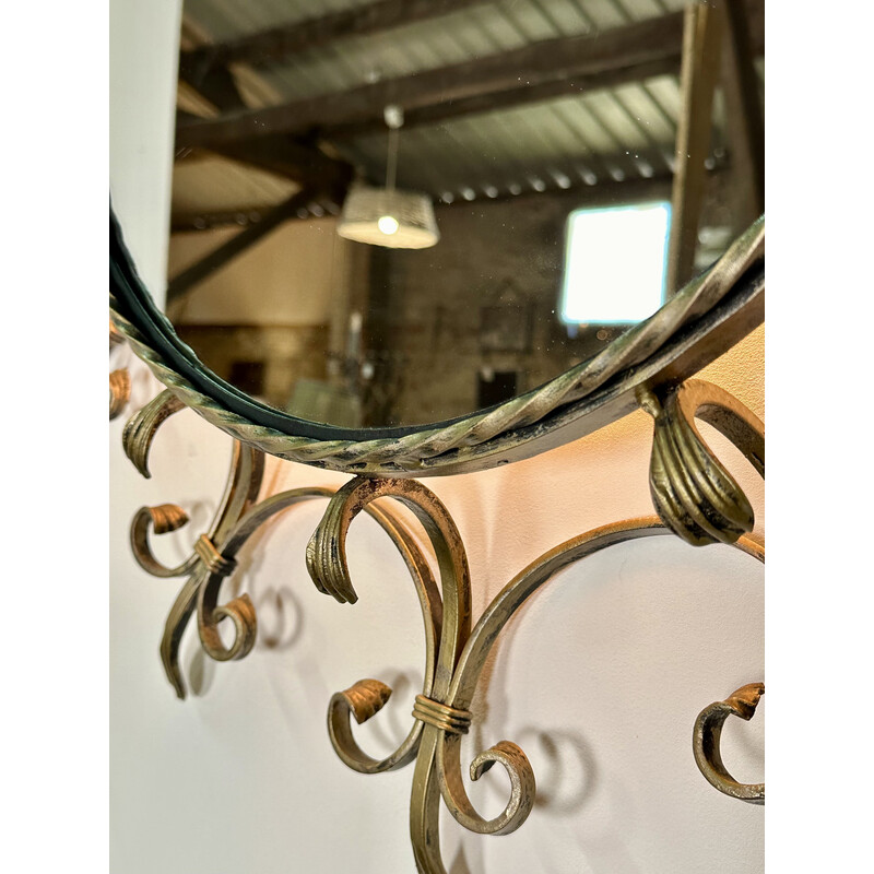 Vintage sun mirror in patinated golden wrought iron, 1960