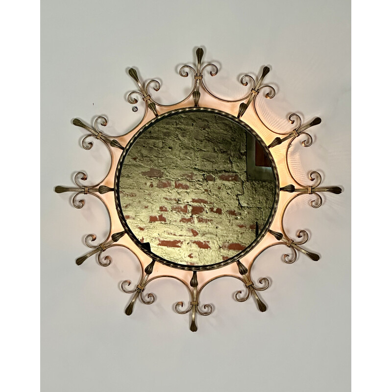Vintage sun mirror in patinated golden wrought iron, 1960
