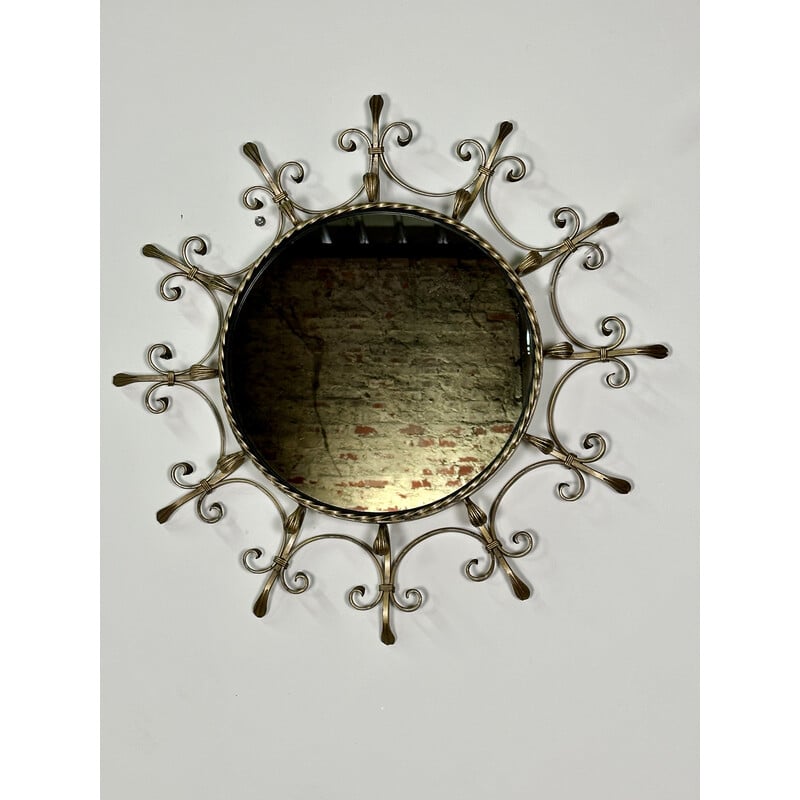 Vintage sun mirror in patinated golden wrought iron, 1960