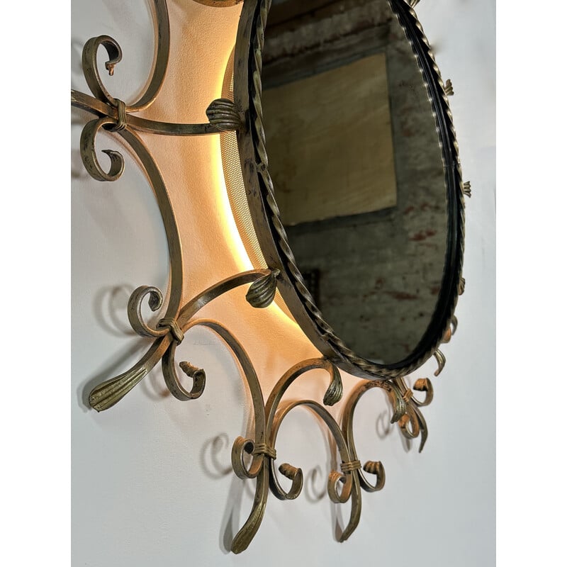 Espejo vintage de hierro forjado dorado, 1960