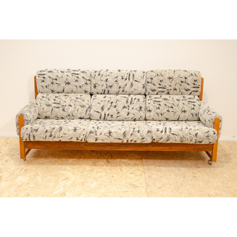 Vintage 3-seater sofa in beech wood and fabric, 1980